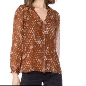 bobeau Rust Brown Floral Dot V-Neck Long Sleeve Blouse